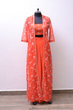 Load image into Gallery viewer, Orange Croptop and sharara pants with printed organza jacket