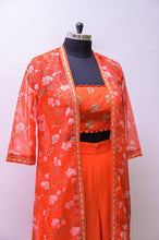 Load image into Gallery viewer, Orange Croptop and sharara pants with printed organza jacket