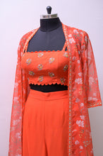 Load image into Gallery viewer, Orange Croptop and sharara pants with printed organza jacket