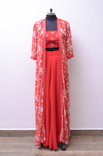 Load image into Gallery viewer, Red Croptop and sharara pants with printed organza jacket