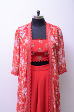 Load image into Gallery viewer, Red Croptop and sharara pants with printed organza jacket