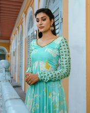 Load image into Gallery viewer, Light Blue Marigold Anarkali and Palazzo Set