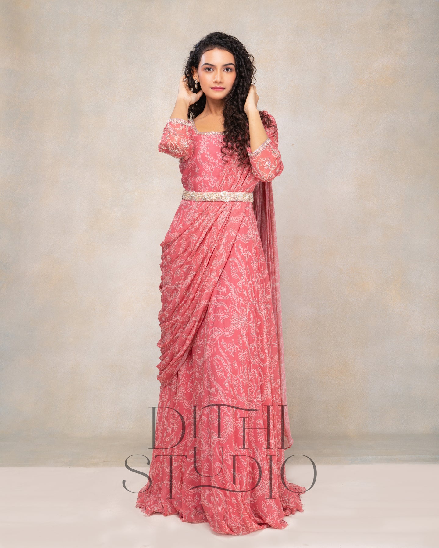 Pink Drape Dress with embroided belt