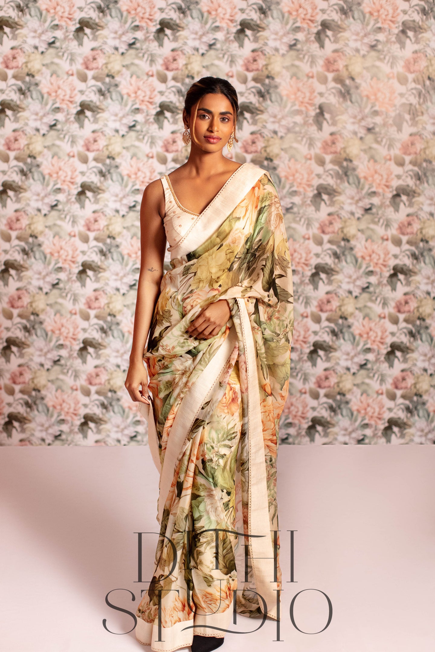 Half White Floral Saree and Blouse