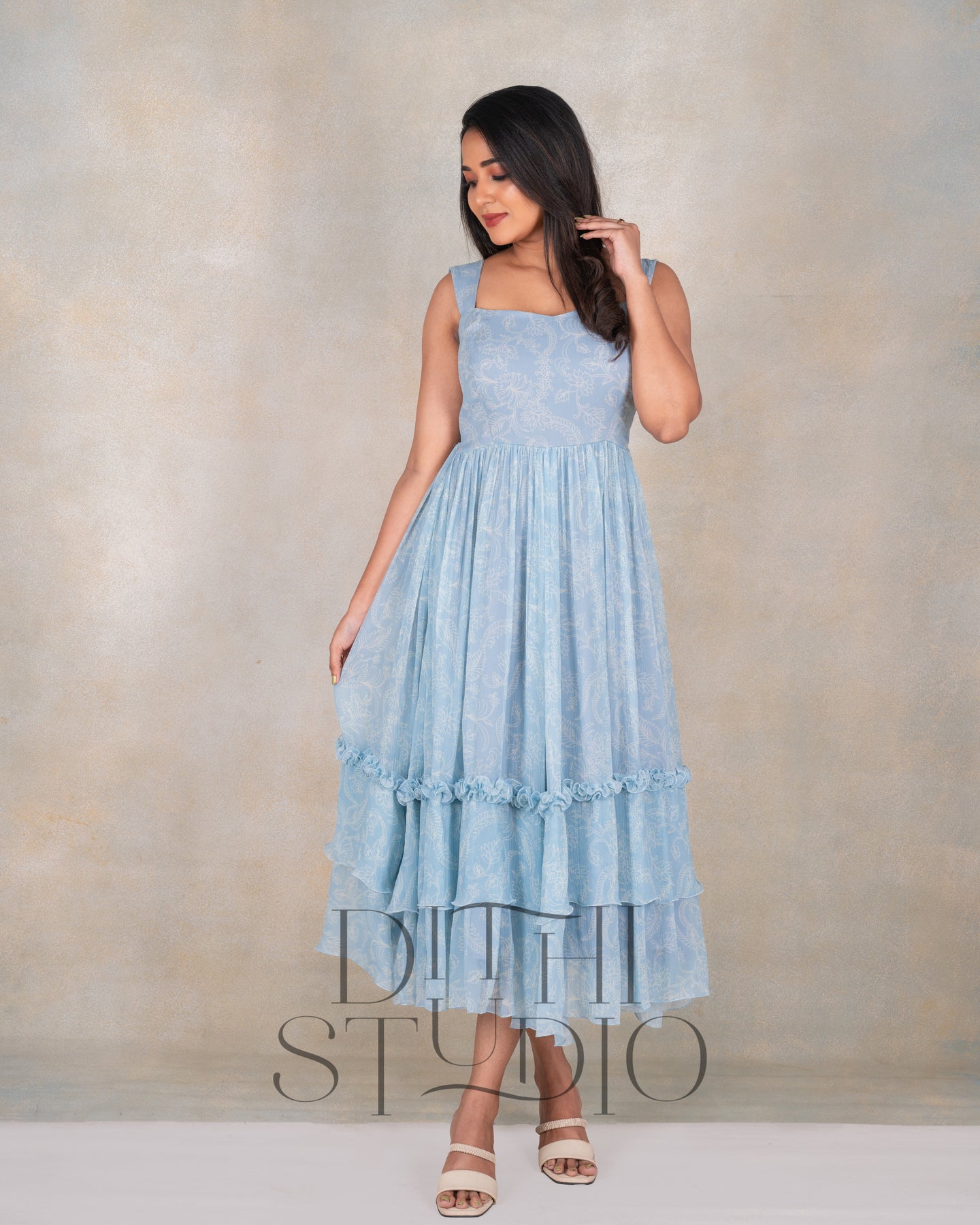 Pastel Blue Floral Ruffle Dress