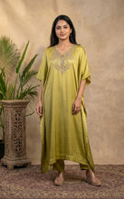 Load image into Gallery viewer, Olive Chartreuse Silk Kaftan Set
