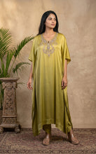 Load image into Gallery viewer, Olive Chartreuse Silk Kaftan Set
