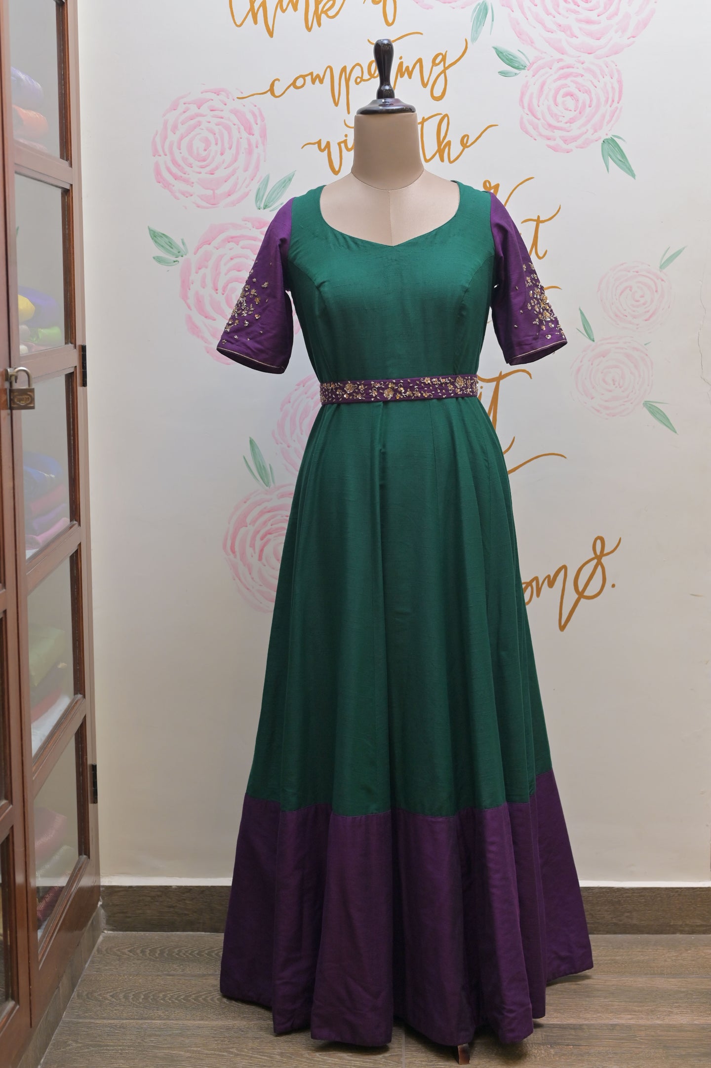 Green and Purple hand-embroided Anarkali