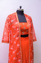 Load image into Gallery viewer, Orange Croptop and sharara pants with printed organza jacket
