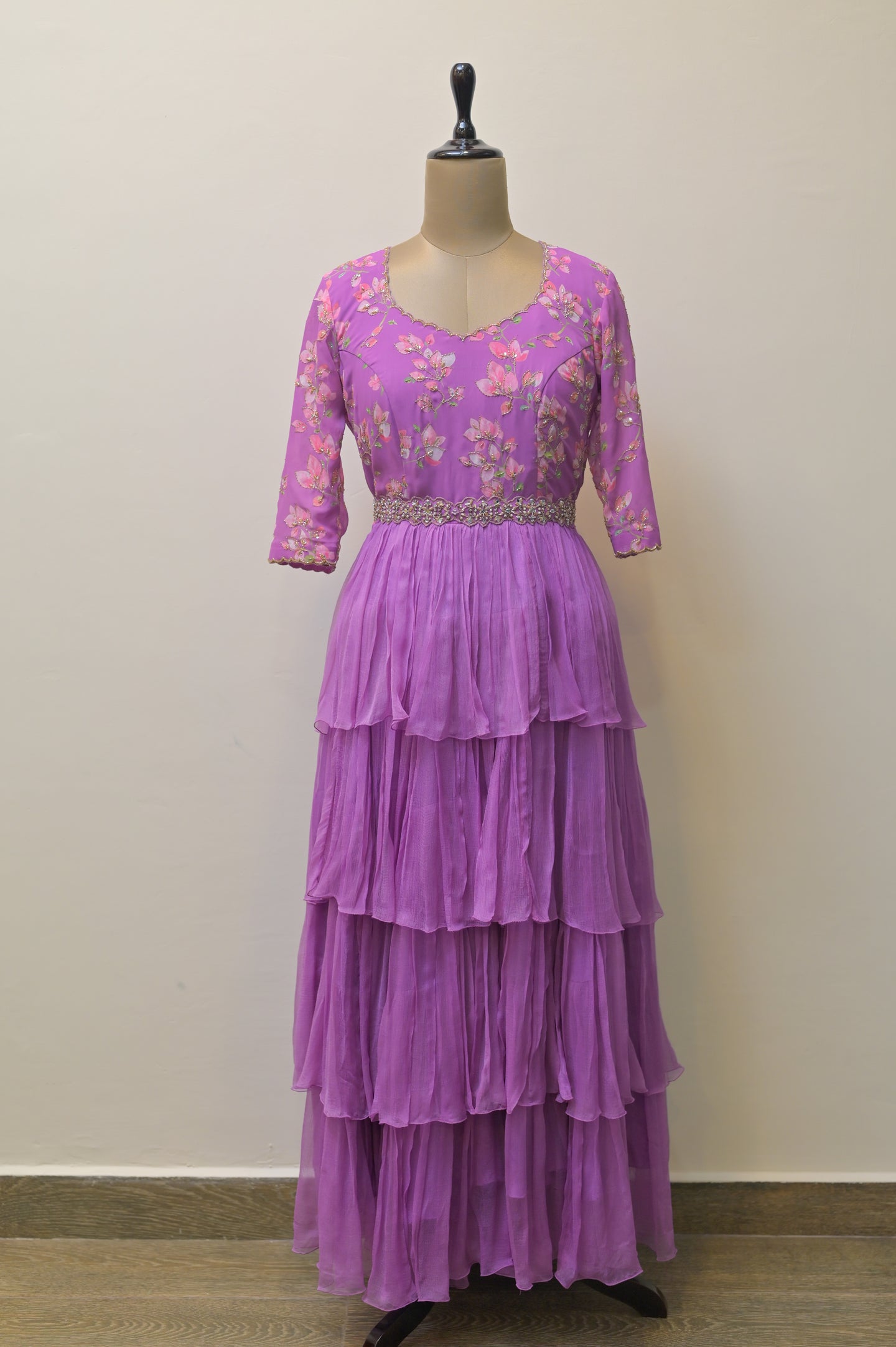 Lavender Ruffle Dress with Embroidery Belt
