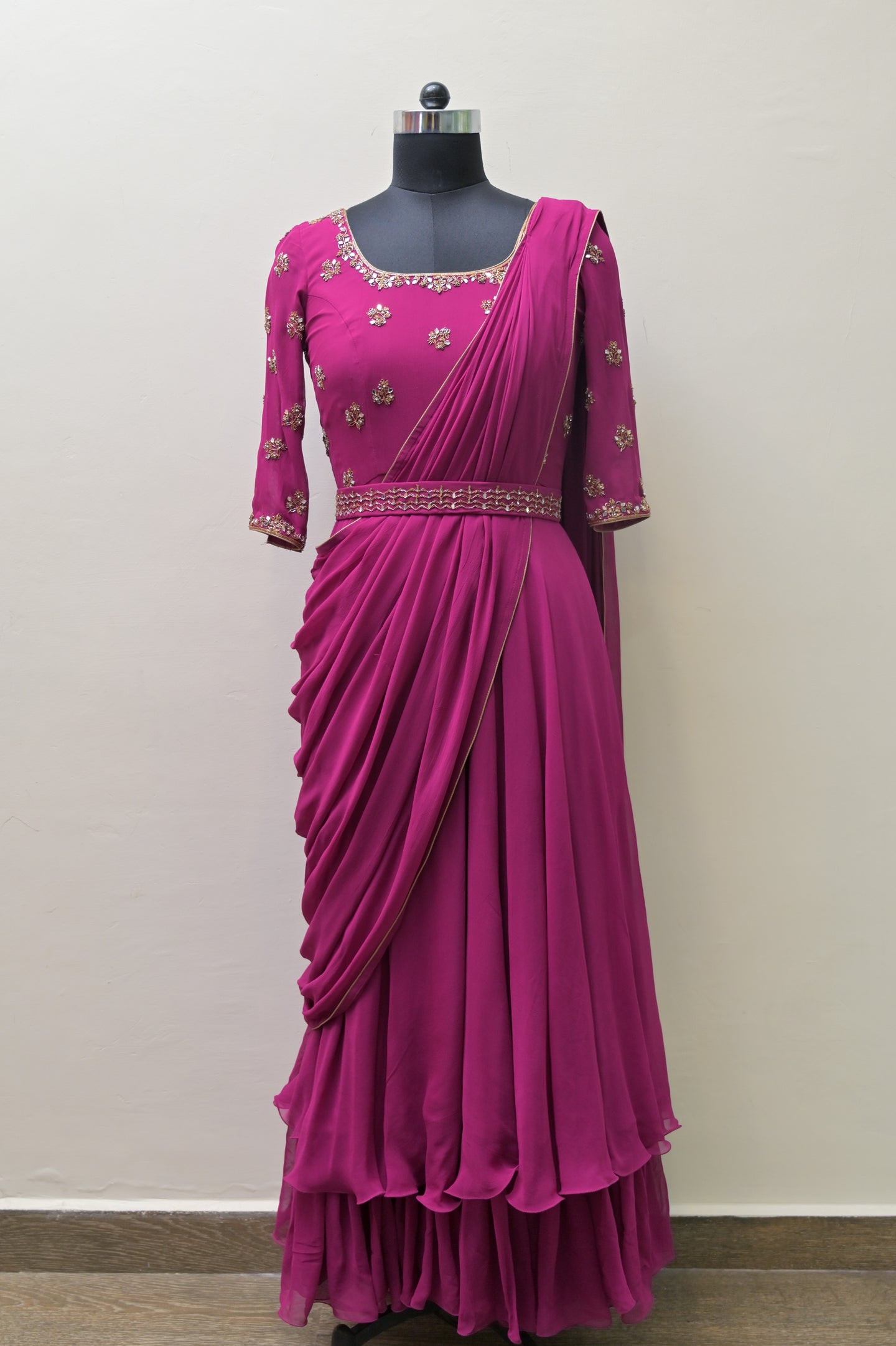 Pink Drape Saree with Embroided Belt