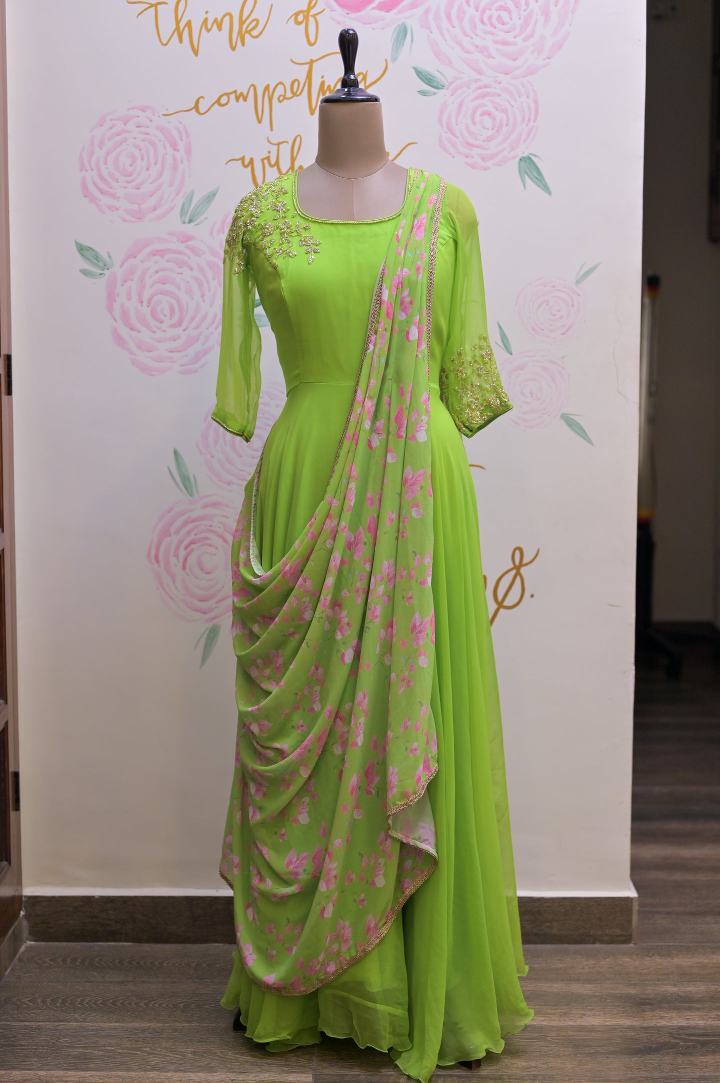 Green Floral Drape Dress