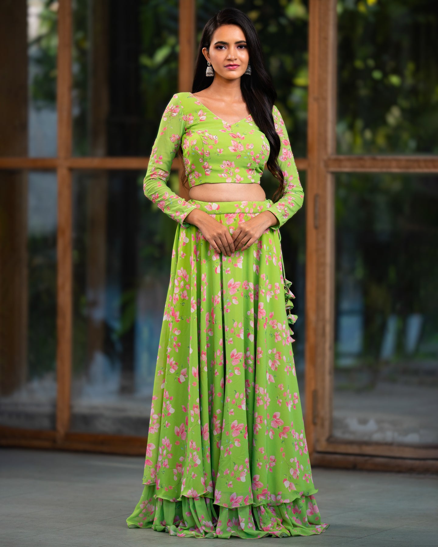 Floral Crop Top and Skirt with Drape Dupatta