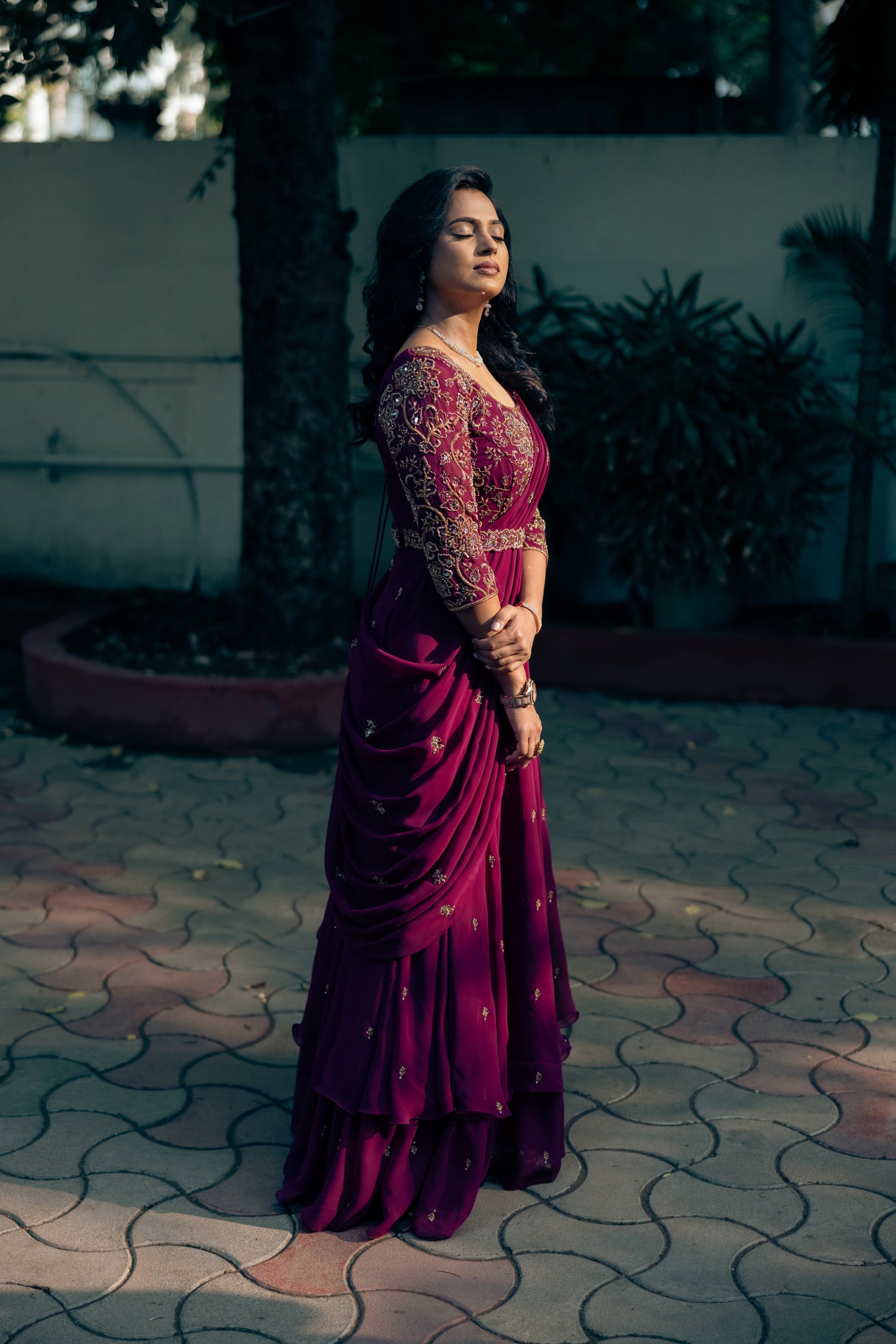 purple saree dress Dusty Purple Elegant Party Wear Chiffon Saree with Embroidered Banglori Silk Blouse 36 / Purple / Georgette